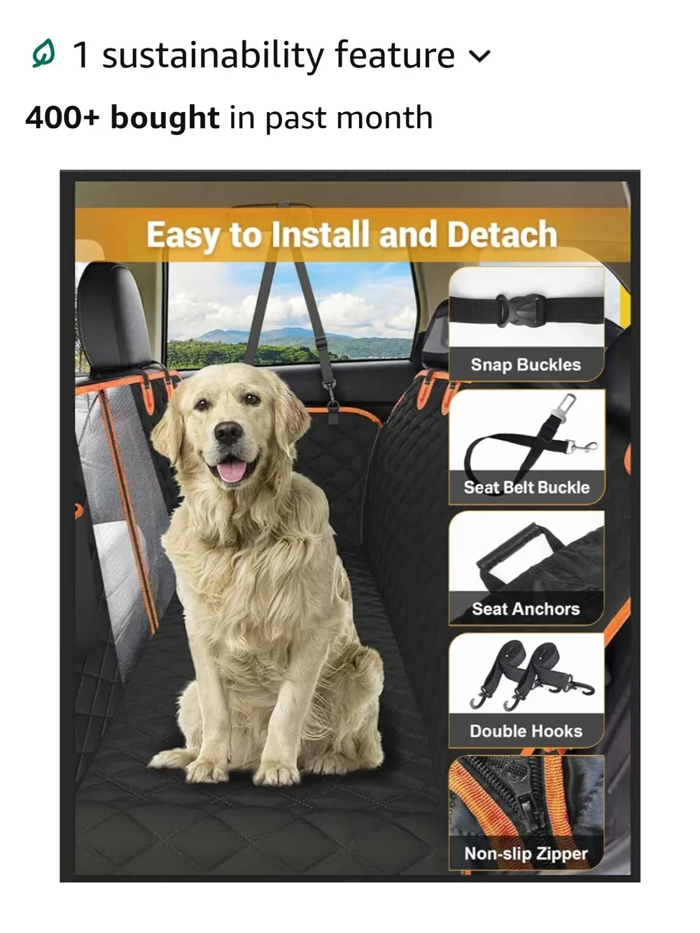 Quilted Black and Orange Dog Car Seat Cover - Protective Back Seat Protector
